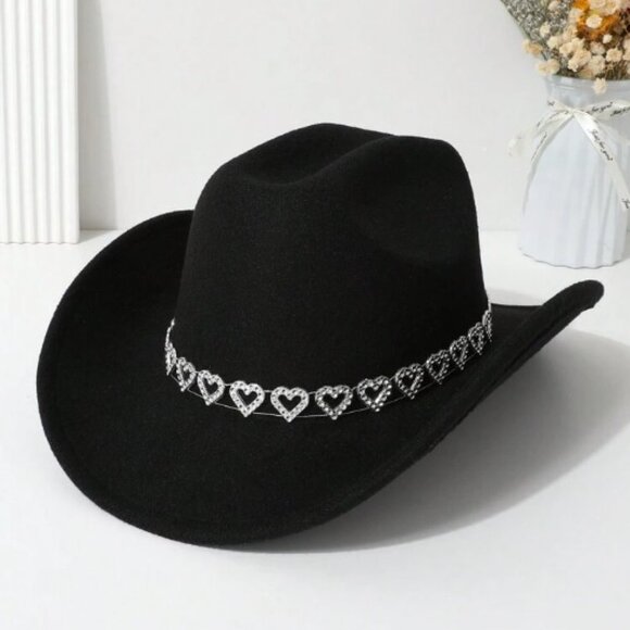 Black Cowgirl Cowboy Hat Rhinestone Heart Band Rodeo Western Country Festival - Picture 1 of 8